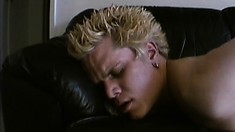 Stud with spiky blonde hair spreads his tight asshole wide open